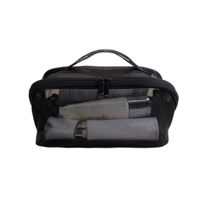 Large black mesh toiletry bag with dual zippers and handle showing storage capacity