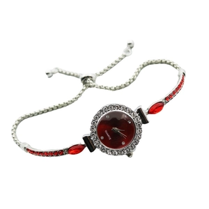 Elegant silver quartz watch for women with red gemstones and adjustable link bracelet