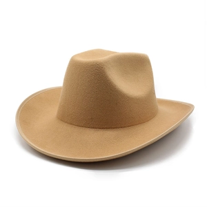 Classic camel wide brim wool felt cowboy hat with reinforced edge and teardrop top