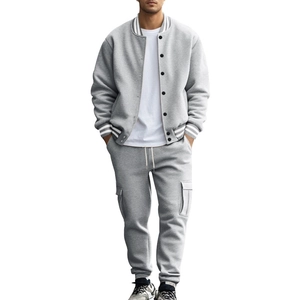 Detailed view of the gray baseball collar jacket and joggers set in soft knitted fabric