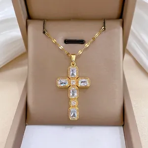 Collier Pendentif Croix Chaîne En Acier Inoxydable Croix En Cuivre Incrustée De Zircon Bijoux Élégants