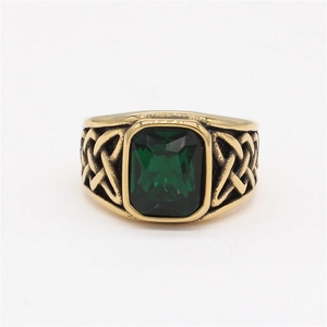 Vintage Viking Celtic knot ring with rectangular green emerald stone in gold finish