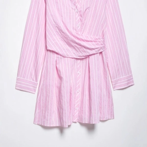Pink and white striped long sleeve shirt dress with V-neck and twist front waist detail