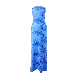 Detail of blue abstract print on slim fit strapless maxi dress for women