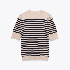 French style striped knit short sleeve top with delicate wavy scalloped edges