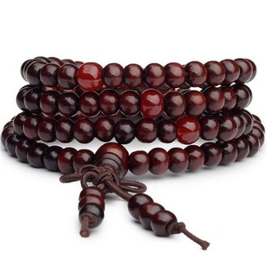 Handmade 8mm sandalwood Buddhist prayer beads wrap bracelet with red accent beads