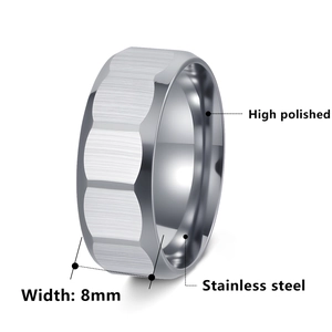 8mm silver stainless steel faceted ring for men with high polished inner surface