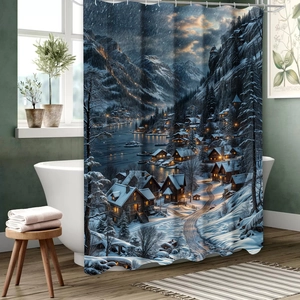 Gros plan détaillé du motif de scène de neige de Noël sur un rideau de douche en tissu imperméable