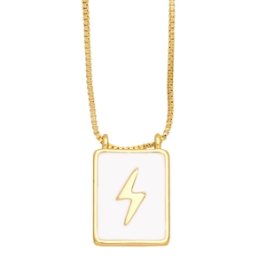 Elegant gold lightning necklace with white enamel square pendant on simple box chain
