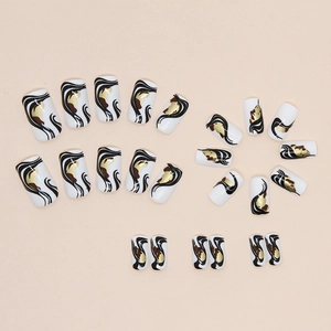Set of 24 black and gold wave patterned medium square press-on nails in white base