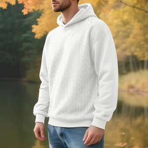 Men's oversized white knit hoodie with thick cable pattern for autumn outdoor wear