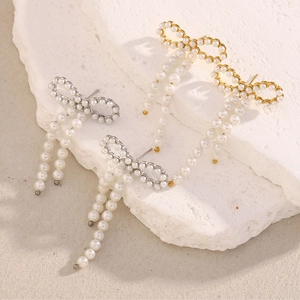 Stainless Steel Butterfly Bowknot Artificial Pearl Tassel Stud Earrings 18K Gold Plated Retro French Style Elegant Women Jewelry