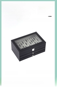 Three-layer black leather jewelry organizer with clear top window and metal lock buckle