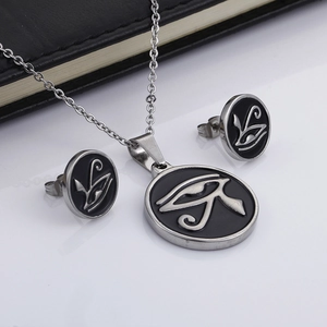 Silver stainless steel Eye of Horus necklace and stud earrings set on a white surface