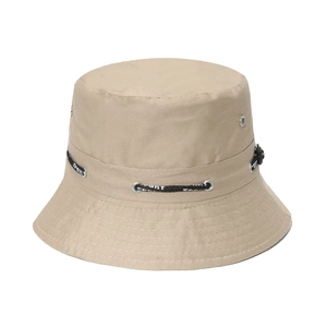 Khaki outdoor sun bucket hat with breathable air holes and a black sport drawstring cord