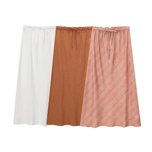 Women Midi Skirt Polyester Linen Blend High Waist Elastic Drawstring Casual Streetwear A-Line Slub Texture