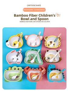 Bamboo fiber children's bowl and spoon set featuring various cute cartoon animal shapes