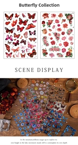 Detail of vintage butterfly and floral stickers on a wooden desk with decorative props