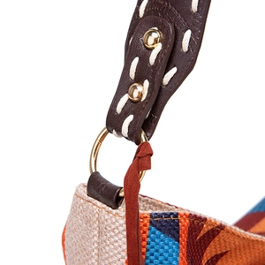 Detail of woven cotton shoulder bag featuring geometric patterns and metal ring hardware