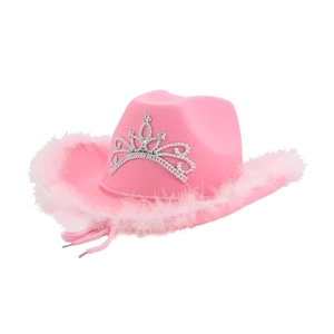 Pink western cowboy hat with soft feather trim and silver tiara on a white background