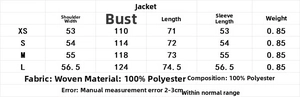 Detailed size chart for the British style wool coat with measurements in CM
