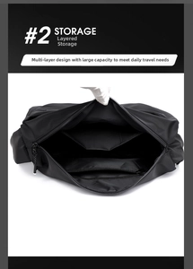 Detailed view of the internal multi-compartment interior and waterproof fabric of the black bag
