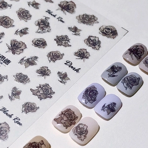 Dark style black rose nail art stickers with pro matte finish and floral designs