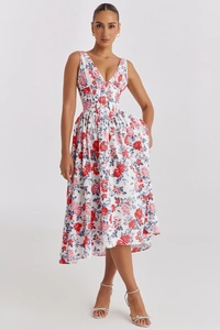 Detail view of the floral V-neck bodice with adjustable drawstring and corset waist design