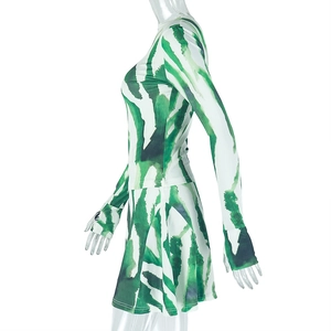 Detail of green and white abstract print on lightweight mesh long sleeve two-piece set