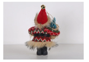 Back view of a 5-inch Santa plush doll with knitted fabric, fur, and metal bell detail