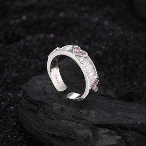 Adjustable S925 sterling silver ring with pink heart and white rectangular crystals