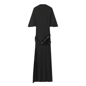 Robe Maxi Noire Pour Femmes Avec Ceinture À Paillettes Manches Cape Col Rond Élégante Coupe Ajustée Polyester