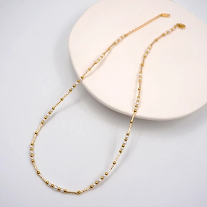 French vintage long pearl sweater necklace with elegant gold chain and white beads