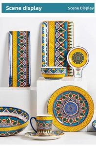 Detailed set of bohemian ceramic dinnerware with intricate geometric patterns and bright colors