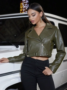 Blouson motard court femme vert foncé avec fermeture zippée et ceinture à la taille