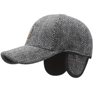 Men winter baseball cap with ear flaps in grey tweed fabric and leather patch detail