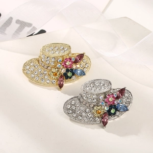 Elegant Hat Shaped Brooch Pin Alloy With Sparkling Colorful Crystal And Rhinestone French Style Floral Jewelry