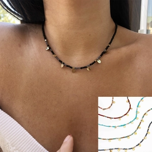Colorful natural stone beaded necklace with gold metal discs for a French vintage look