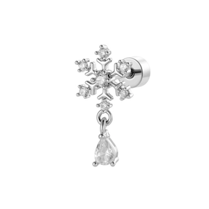 Micro-inlaid zircon snowflake earring with a teardrop pendant in polished silver finish