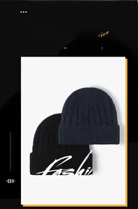 Detail of thick cable knit texture on black and navy winter beanies with fleece lining