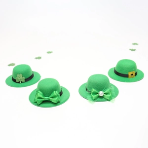 Set of 4 St. Patrick's Day green mini bottle hats with shamrocks and festive bows