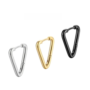 Detailed view of triangular stainless steel earrings in silver, gold and black finishes