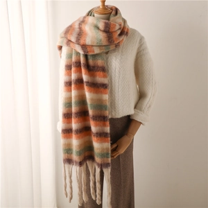 Colorful striped faux cashmere scarf with long tassels for winter warmth and cozy style