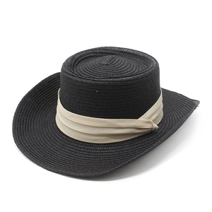 French style black woven straw boater hat with beige pleated band for summer sun protection