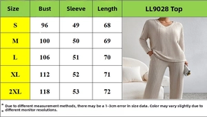 Size chart for women's V-neck knit top and trousers set showing bust and length details