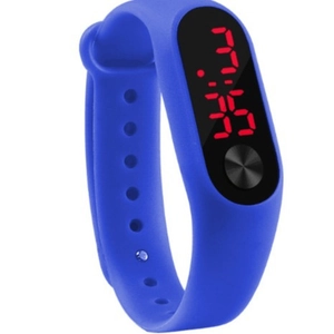 Bright blue silicone LED sports digital watch with red display and touch button