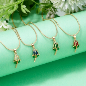 Elegant tulip flower pendant necklaces in four colors with gold finish and tiny zircons