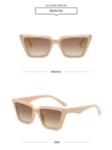 Detail view of beige cat eye sunglasses with brown lenses and geometric temples