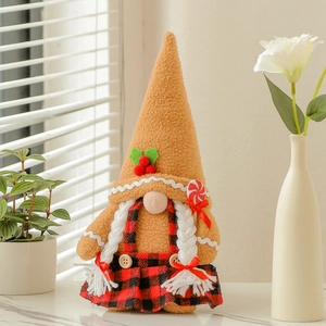 Christmas gingerbread gnome doll with pointed hat and red plaid skirt festive decor
