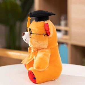 Close-up of cute graduation plush bear with black doctoral hat and round glasses detail